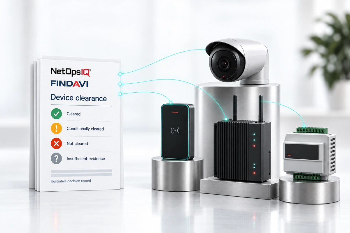 NetOps IQ and Findavi device-clearance record showing four possible outcomes beside a camera, access reader, gateway and HVAC controller.