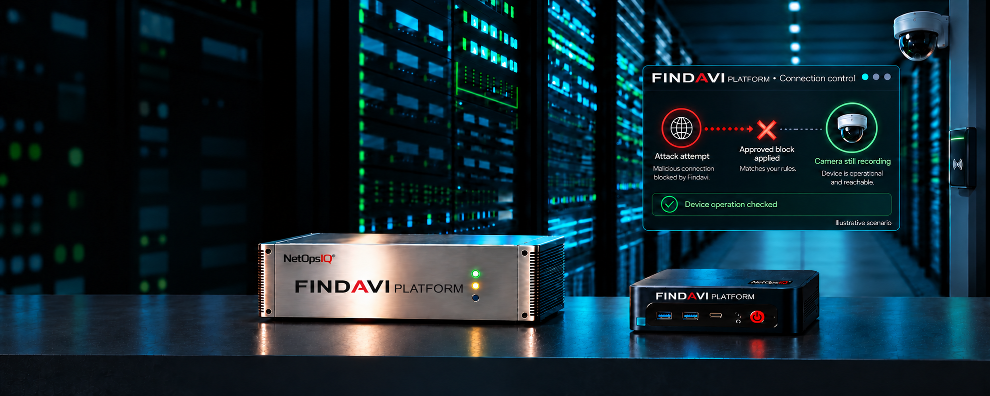 Illustrative Findavi software scenario: attack attempt, approved block applied, camera still recording, and device operation checked. Findavi appliances appear below.