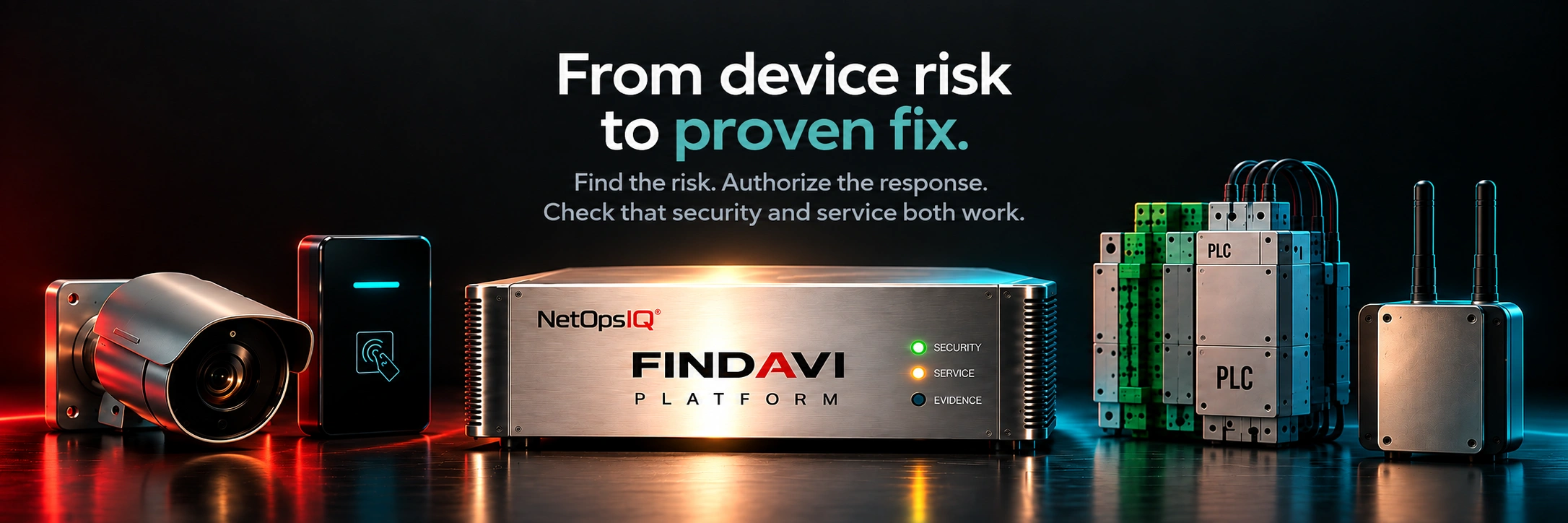 Find the risk. Authorize the response. Check that security and service both work. Findavi Platform appliance by NetOps IQ with a camera, access reader, RF gateway and industrial controls.