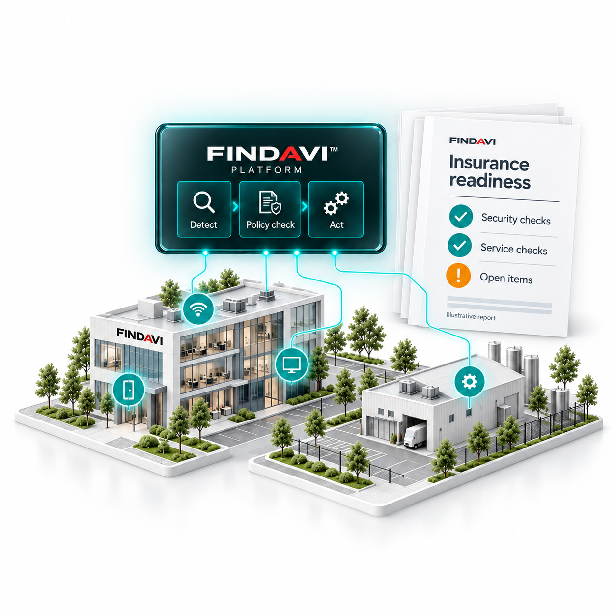 Illustration of office and industrial systems connected to Findavi, with a readiness report showing security checks, service checks and open items.